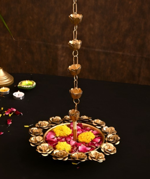Lotus Motif Hanging Urli Gold Metal for Diwali 2025 | Petal Detailed Indian Pooja Entrance Living Decor